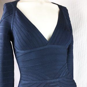 S Auth Herve Leger Long Sleeve Bandge Dress Blue